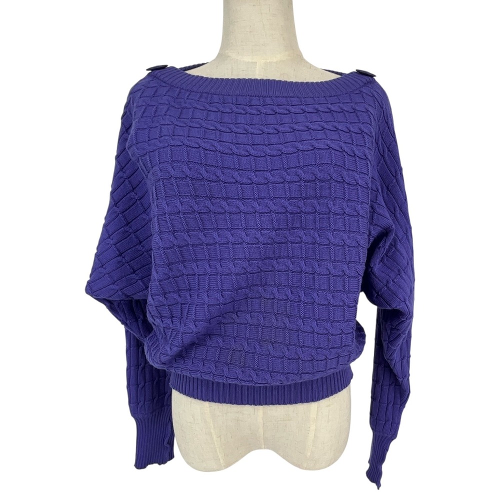 Vtg Jaeger London Vintage Purple Wool Cable Knit Batwing Sweater Boat Neck‎ 36in